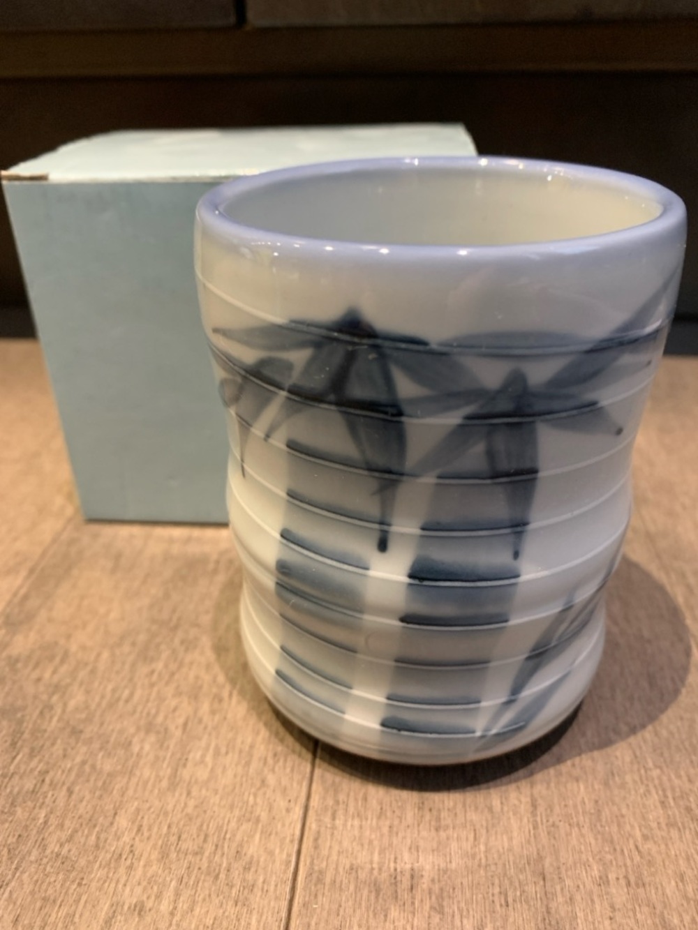 Japanese Porcelain Tea Cup | Blue Bamboo Design | Handmade Style | New in Box - Picture 2 of 11